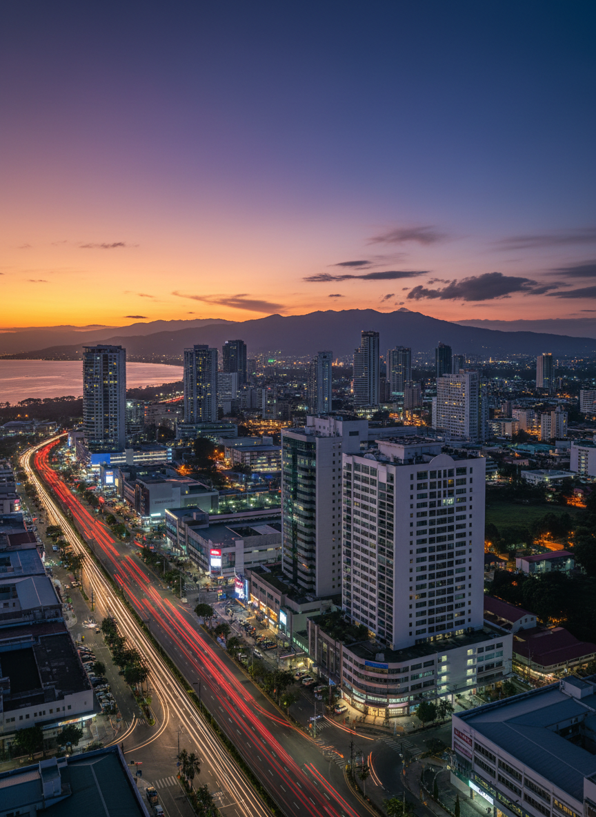 A wide, panoramic photographic view of Cebu’s modern skyline at dusk, with glass-clad office towers, low-rise commercial buildings, and distant mountain silhouettes forming a layered backdrop. In the foreground, a busy arterial road shows streams of soft, out-of-focus headlights and taillights, suggesting active commerce and daily life. The sky transitions from warm orange near the horizon to deep blue above, with scattered clouds catching the last light. City lights begin to glow, reflecting subtly on nearby building windows. Captured from an elevated vantage point with sharp focus throughout, the composition uses the rule of thirds to balance skyline and sky. The atmosphere feels professional, energetic, and optimistic, rendered in clean, photographic realism suitable for a Cebu-focused news homepage hero image without any human figures visible.